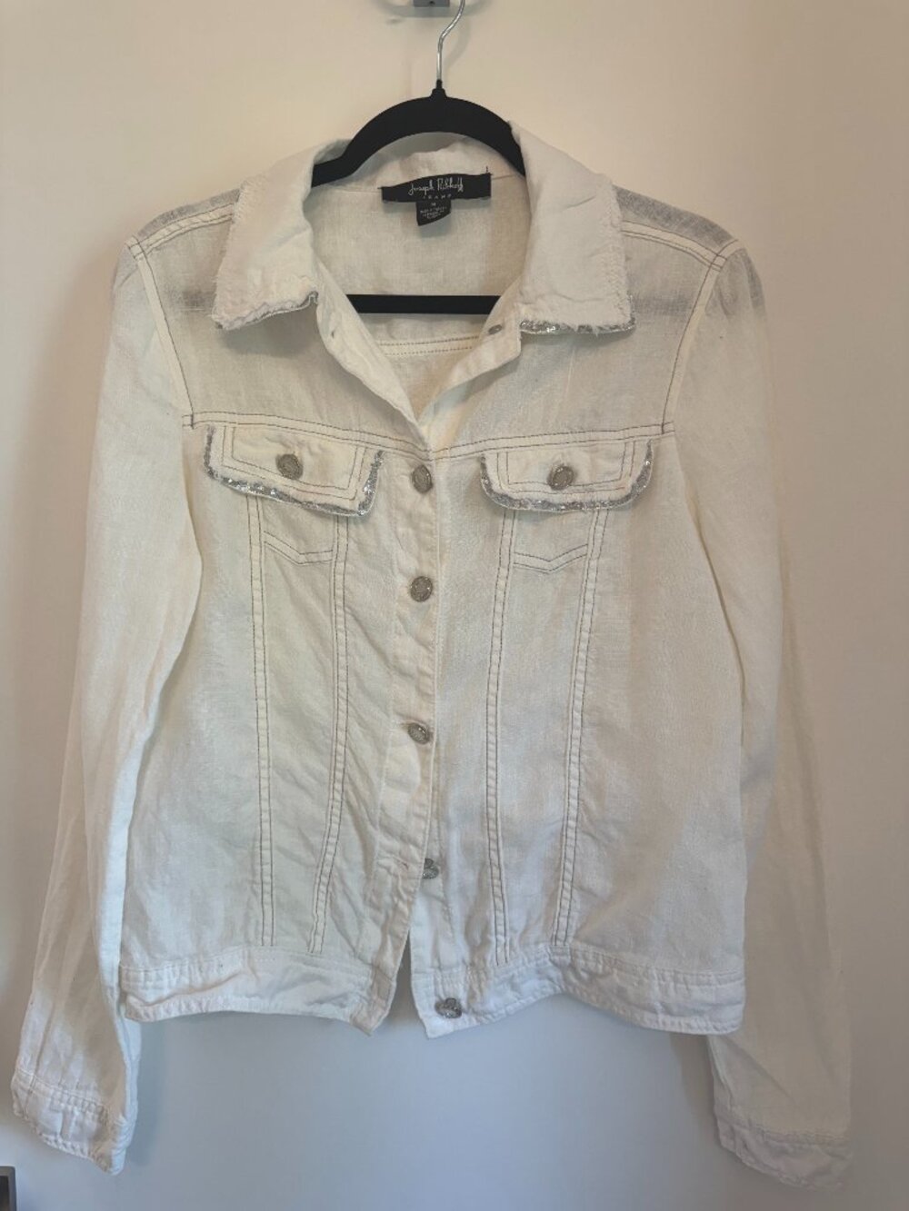 Joseph Ribkoff White Linen Denim Jacket Sequin Embellished Y2K
